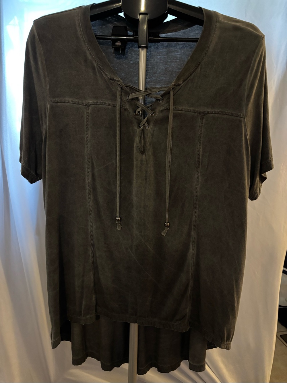 POL Washed Black Lace-Up Short Sleeve Tee